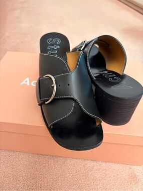 ACME Black Leather Buckle Block-Heel Mules